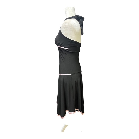 Y2K Halter Asymmetrical Black Midi Dress Pink Ribbon Trim Taboo - Picture 3 of 6